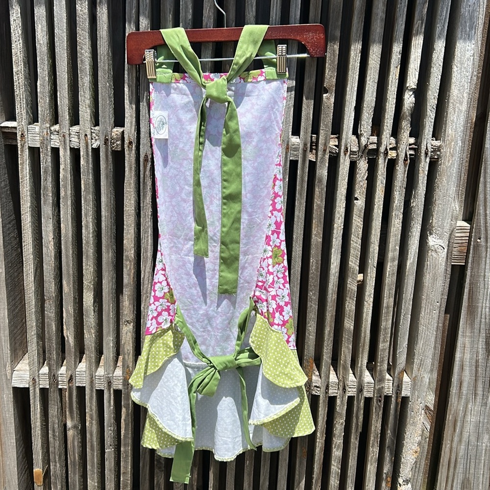 Laura Ashley chef apron hot pink green and white floral print 100% cotton 32” - Picture 5 of 9